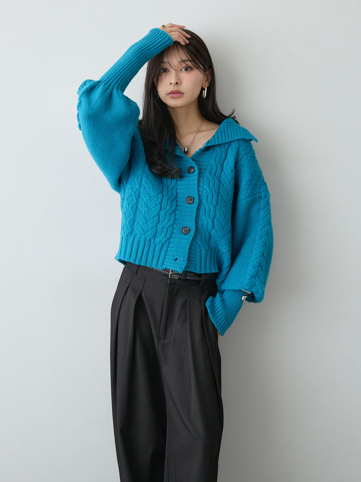 [SET]ケーブルショートニットカーディガン+ツイルタックワイドパンツ(2set)