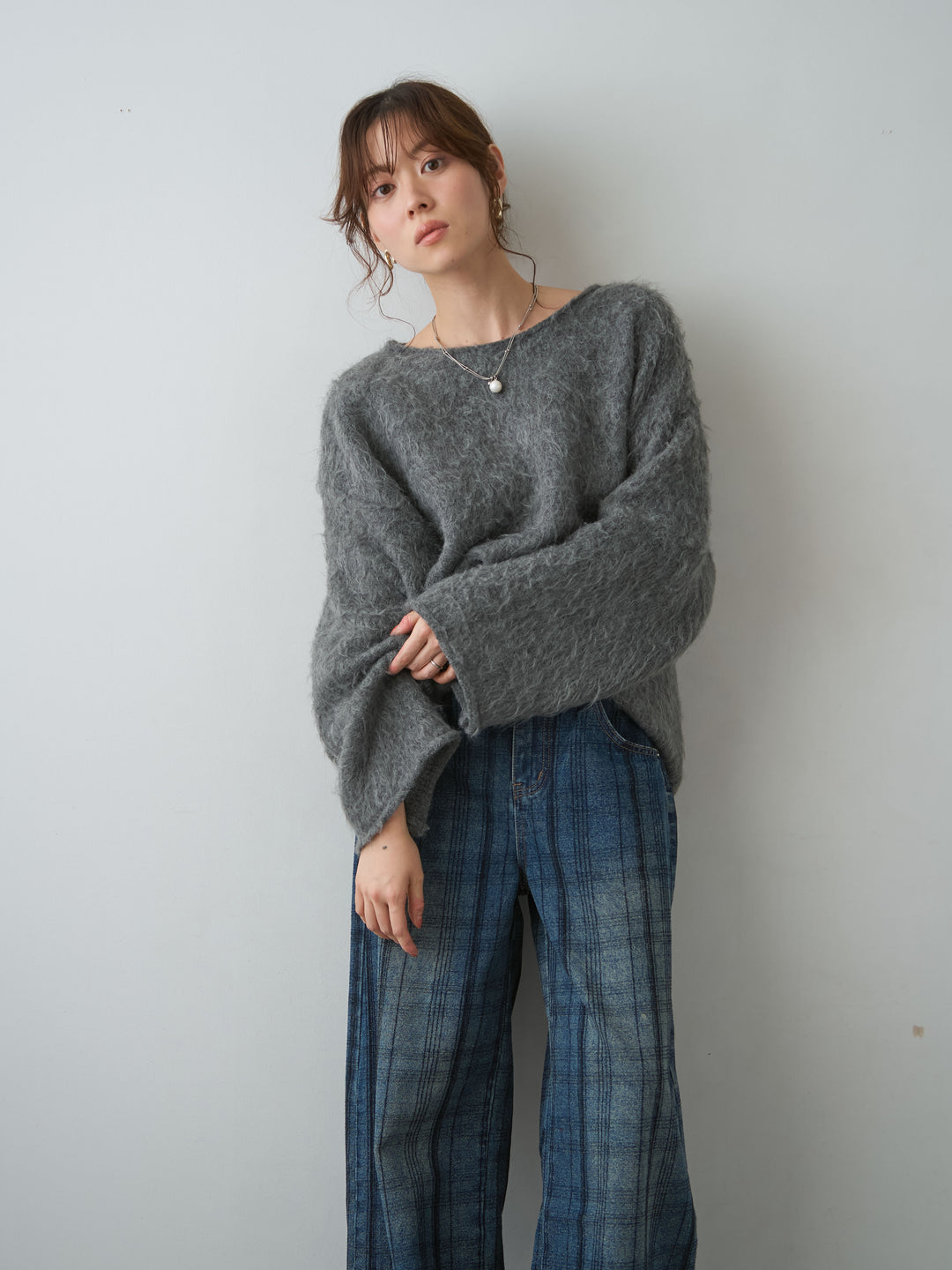 [予約]ボートネックシャギーオーバーニットトップス/darkgray