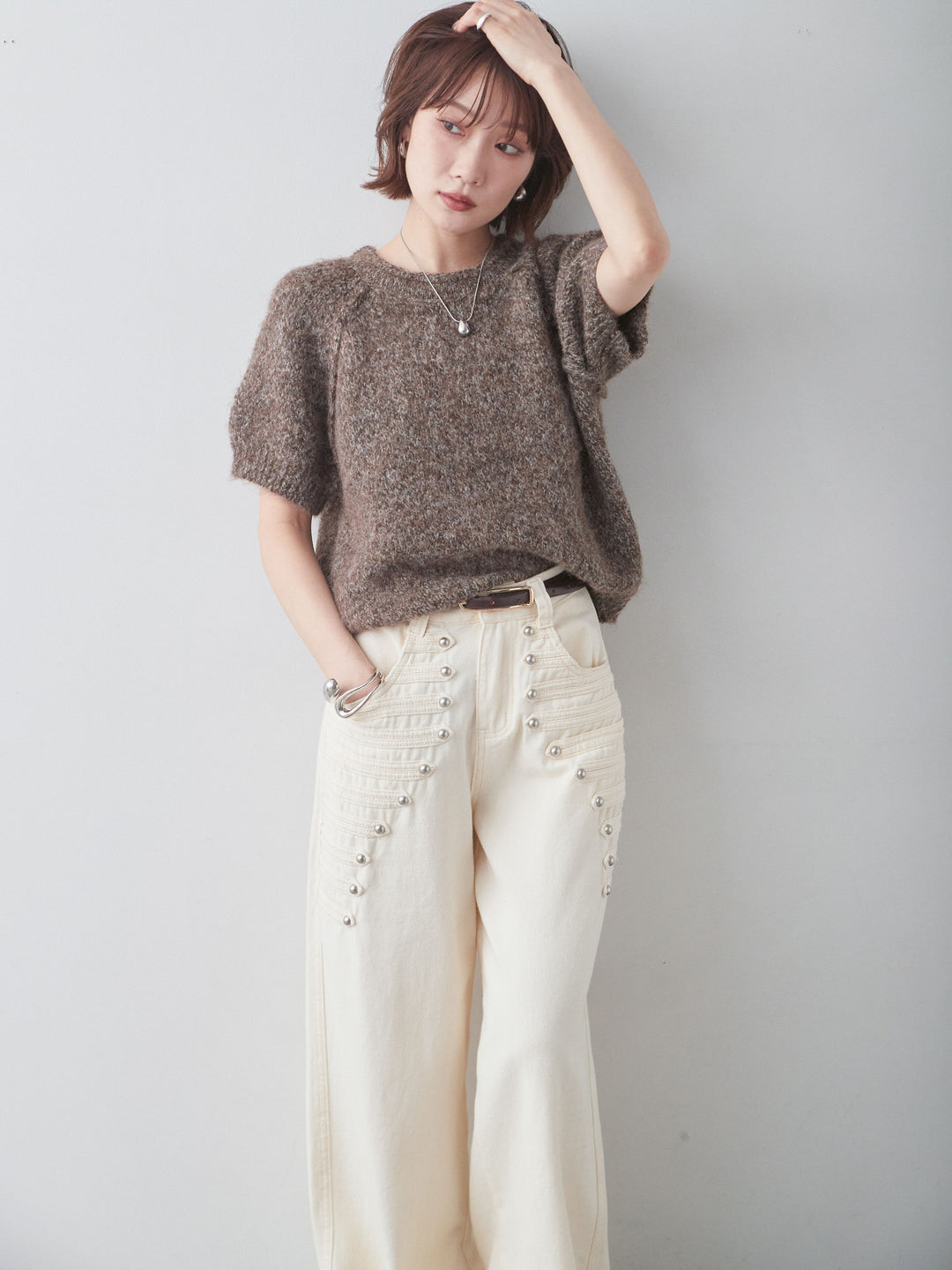 [SET]メランジショートニットトップス+ナポレオンワイドストレートパンツ(2set)