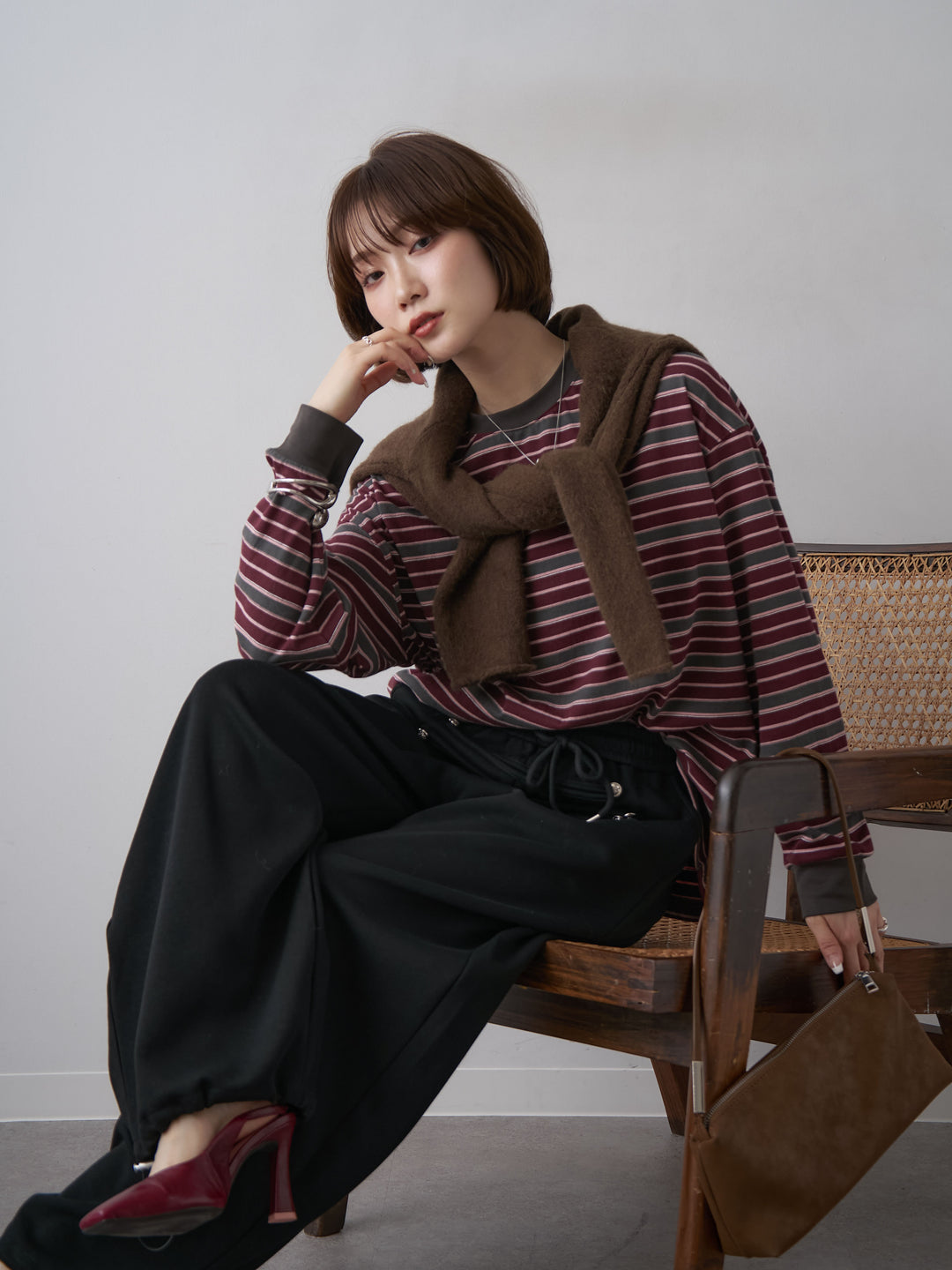 [SET]マルチボーダーロンTEE+プチゴールドボタンニットカーディガン(2set)