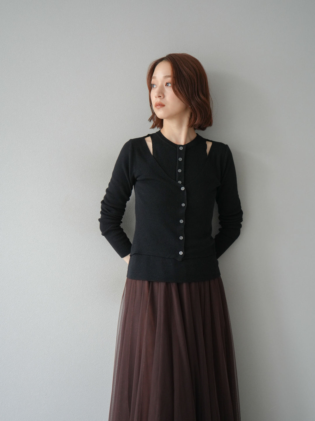 [予約]レイヤードデザインニットカーディガン/ブラック