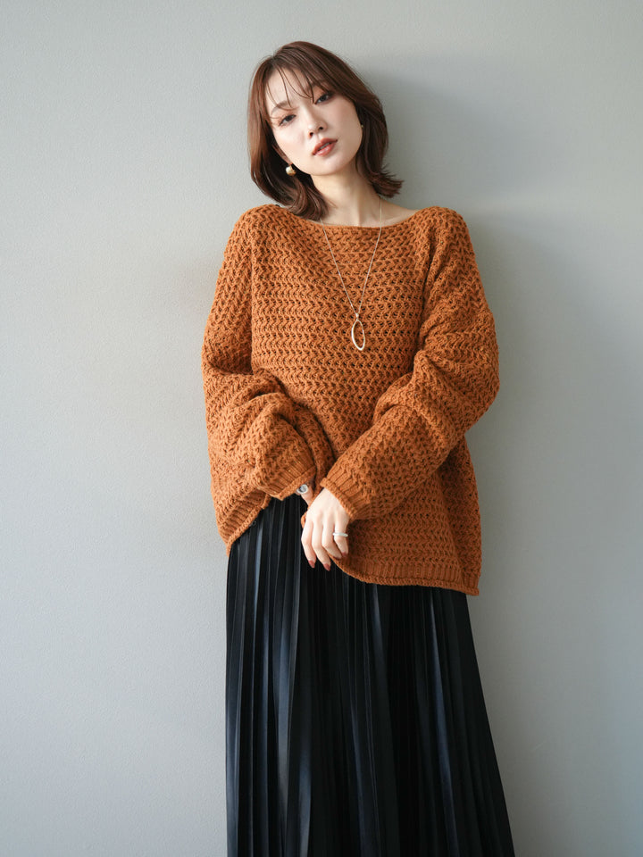 [予約]ネップ透かし編みオーバーニット/camel