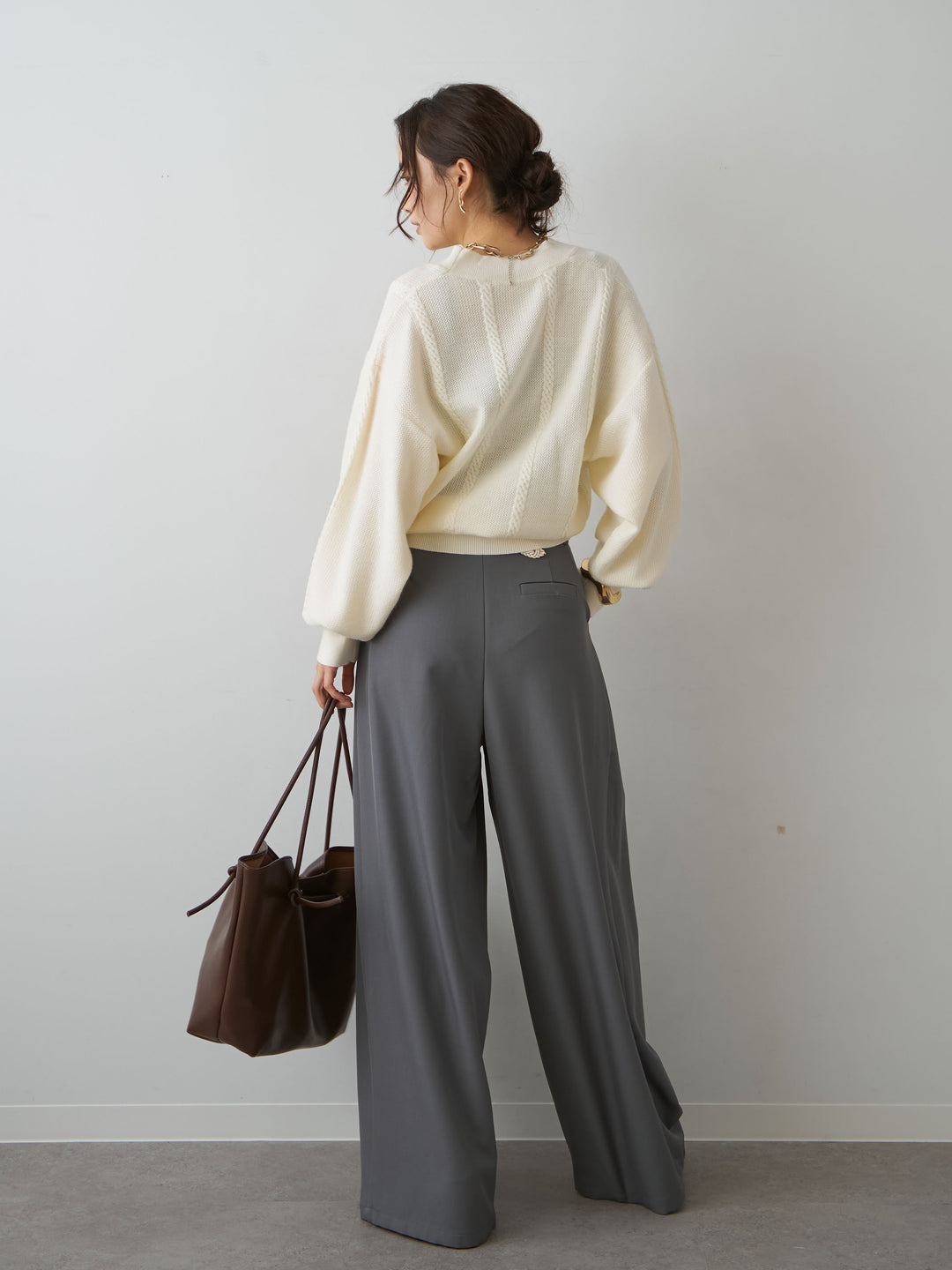 [SET]カシュクールミックスケーブルニットトップス+ベルトループデザインワイドパンツ(2set)