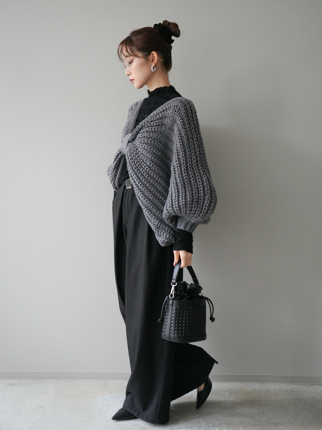 [SET]ローゲージ畦編みドルマンニットボレロ+起毛レースプチネックトップス+ベルトループデザインワイドパンツM(3set)