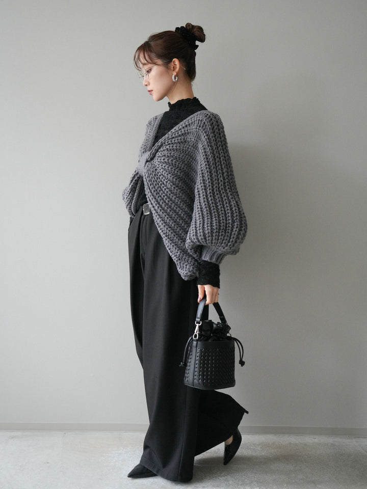[SET]ローゲージ畦編みドルマンニットボレロ+起毛レースプチネックトップス+ベルトループデザインワイドパンツM(3set)
