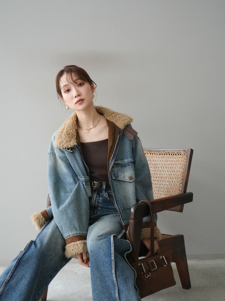 [予約]スタンドカラーファー×デニムジャケット/lightblue