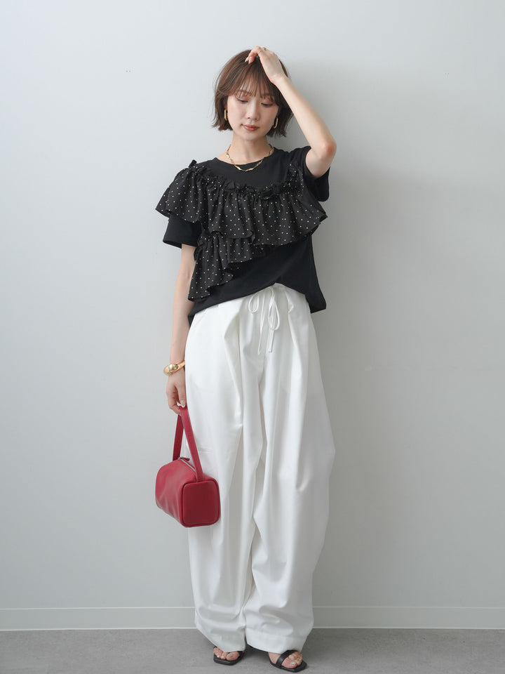 [SET]ドットギャザーフリルデザインTEE+ベルトループカーブタックワイドパンツ(2set)