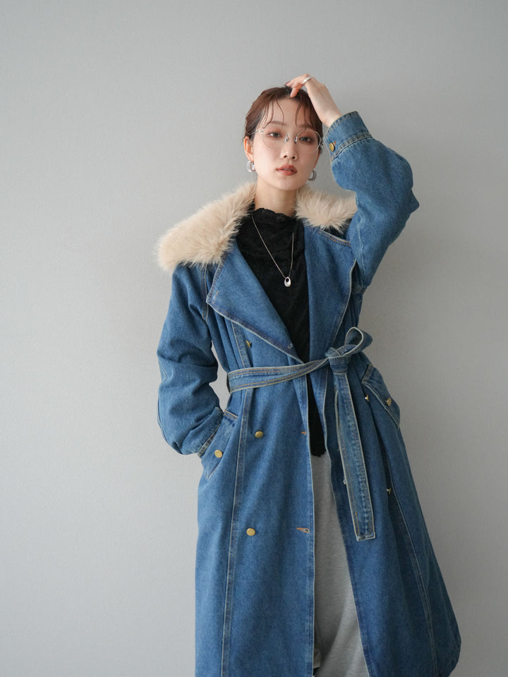 [予約]ファー襟デニムロングコート/blue