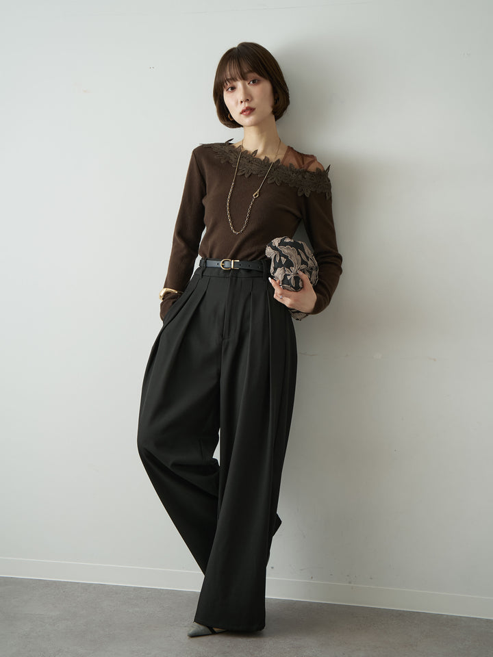 [SET]ショルダーレースアシメスリムニットトップス+ツイルタックワイドパンツ(2set)