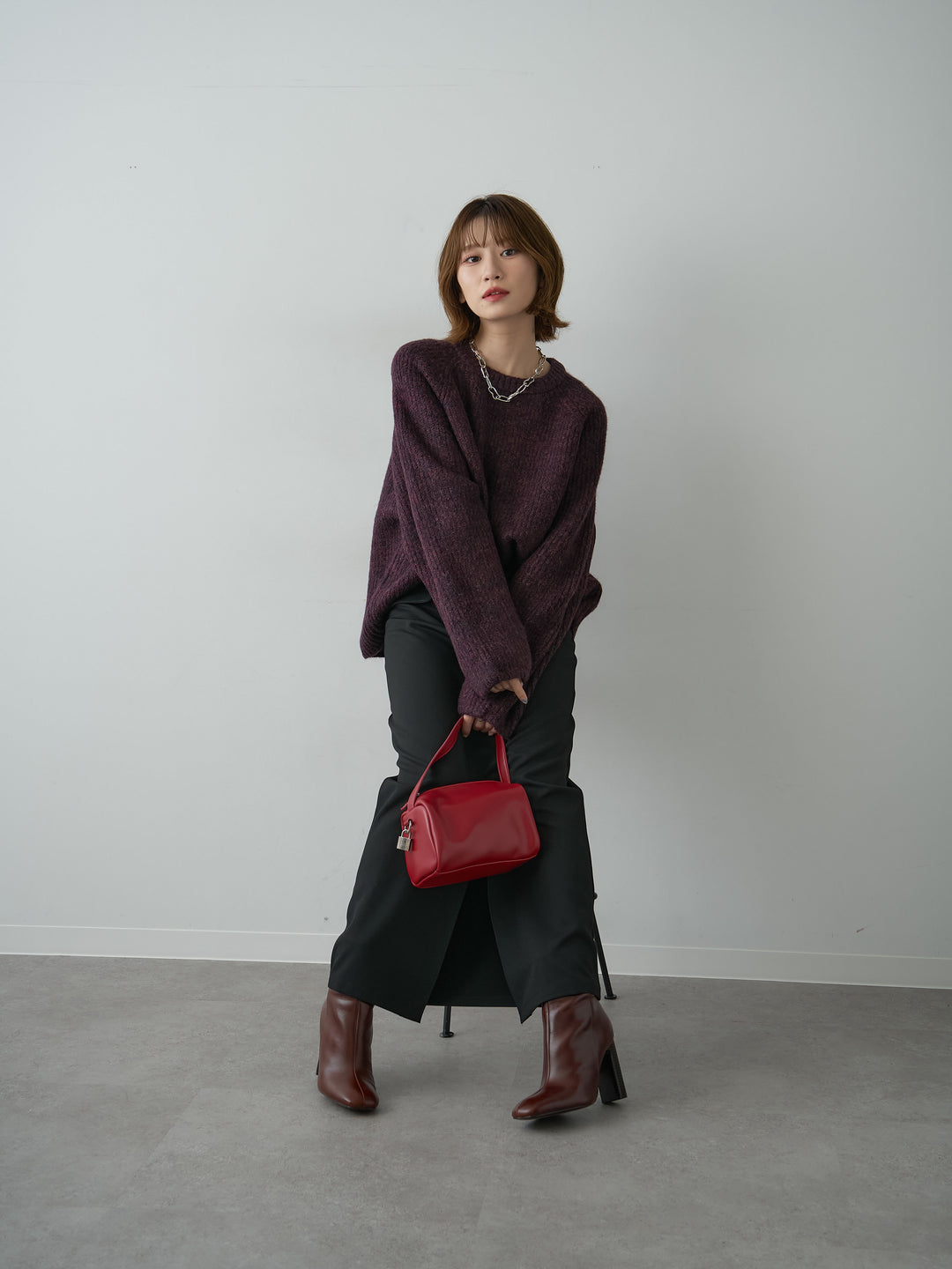 [SET]メランジクルーネックワイドプルオーバー+クレープデシンフラップ付きストレートスカート(2set)
