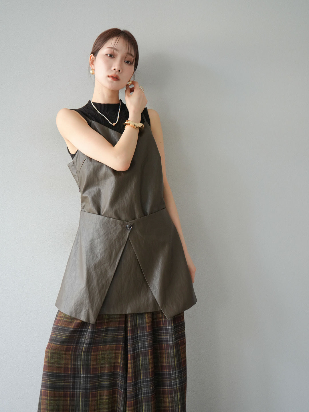 [予約]レイヤードレザーキャミソールチュニック/ブラウン