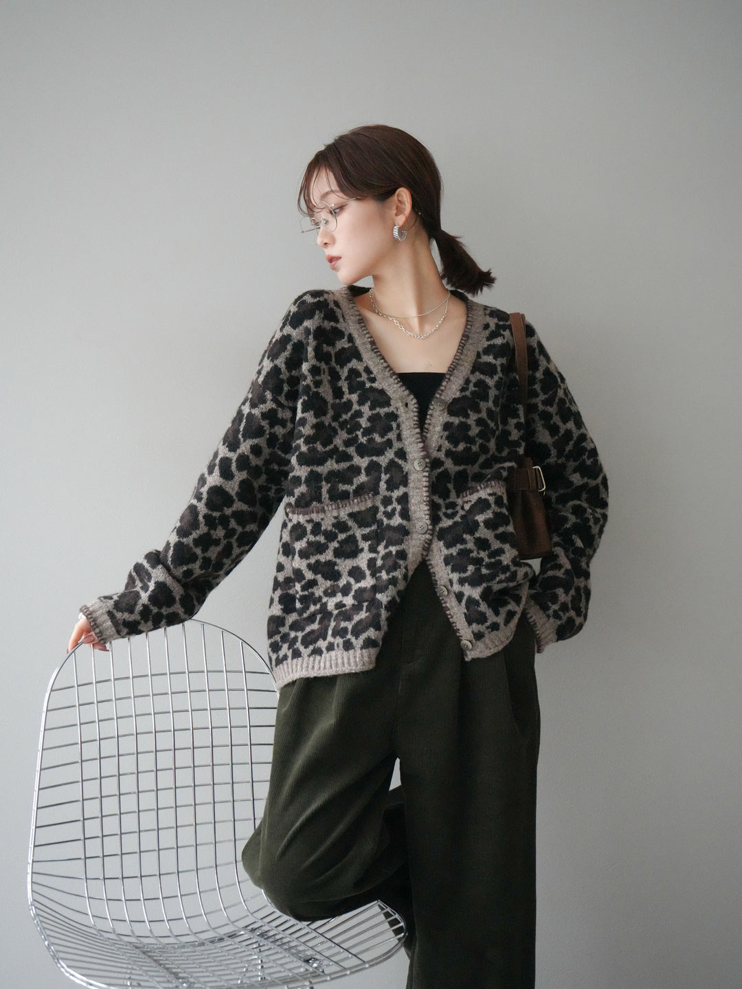 [予約]アニマル柄ステッチニットカーディガン/brown