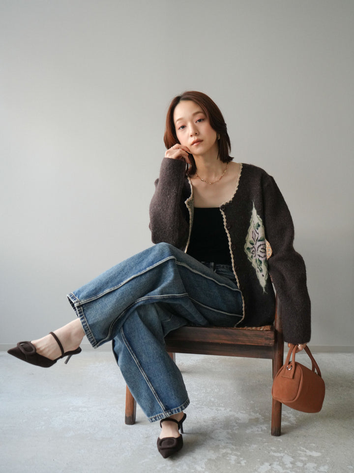 [予約]アンティークフラワージャガードニットカーディガン/brown