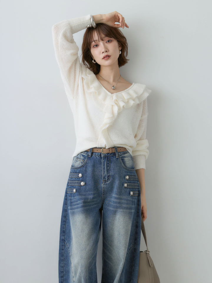[SET]フリルネックモヘアニットトップス+フリルネックモヘアニットトップス(2set)