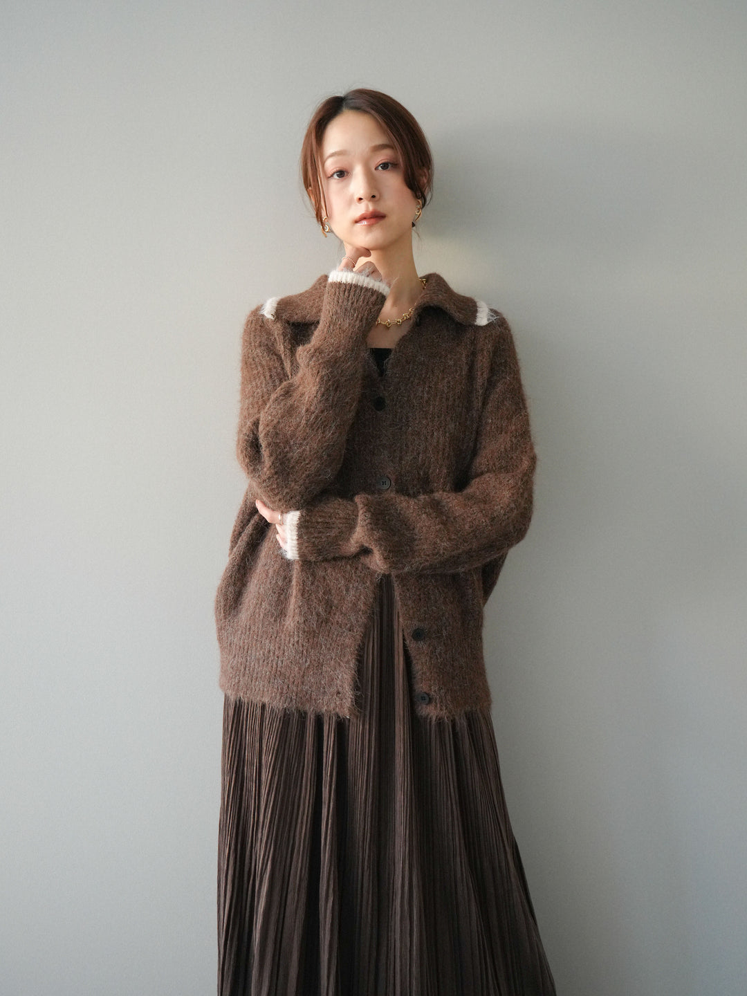 [予約]襟付きバイカラーミックスニットカーディガン/brown