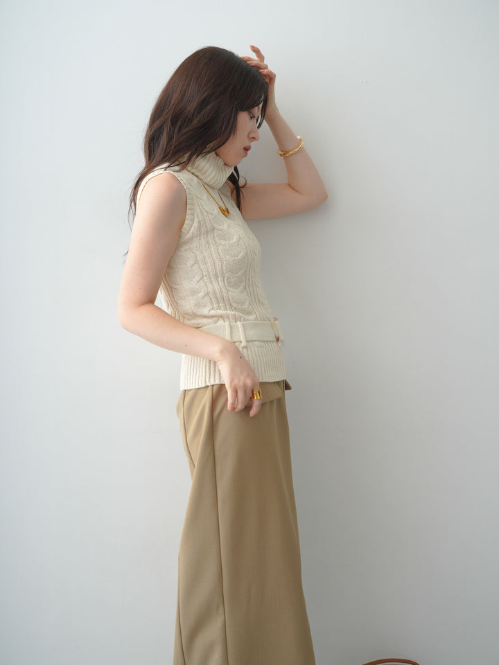 [SET]ベルト付ケーブルノースリニットトップス+クレープデシンフラップ付きストレートスカート(2set)