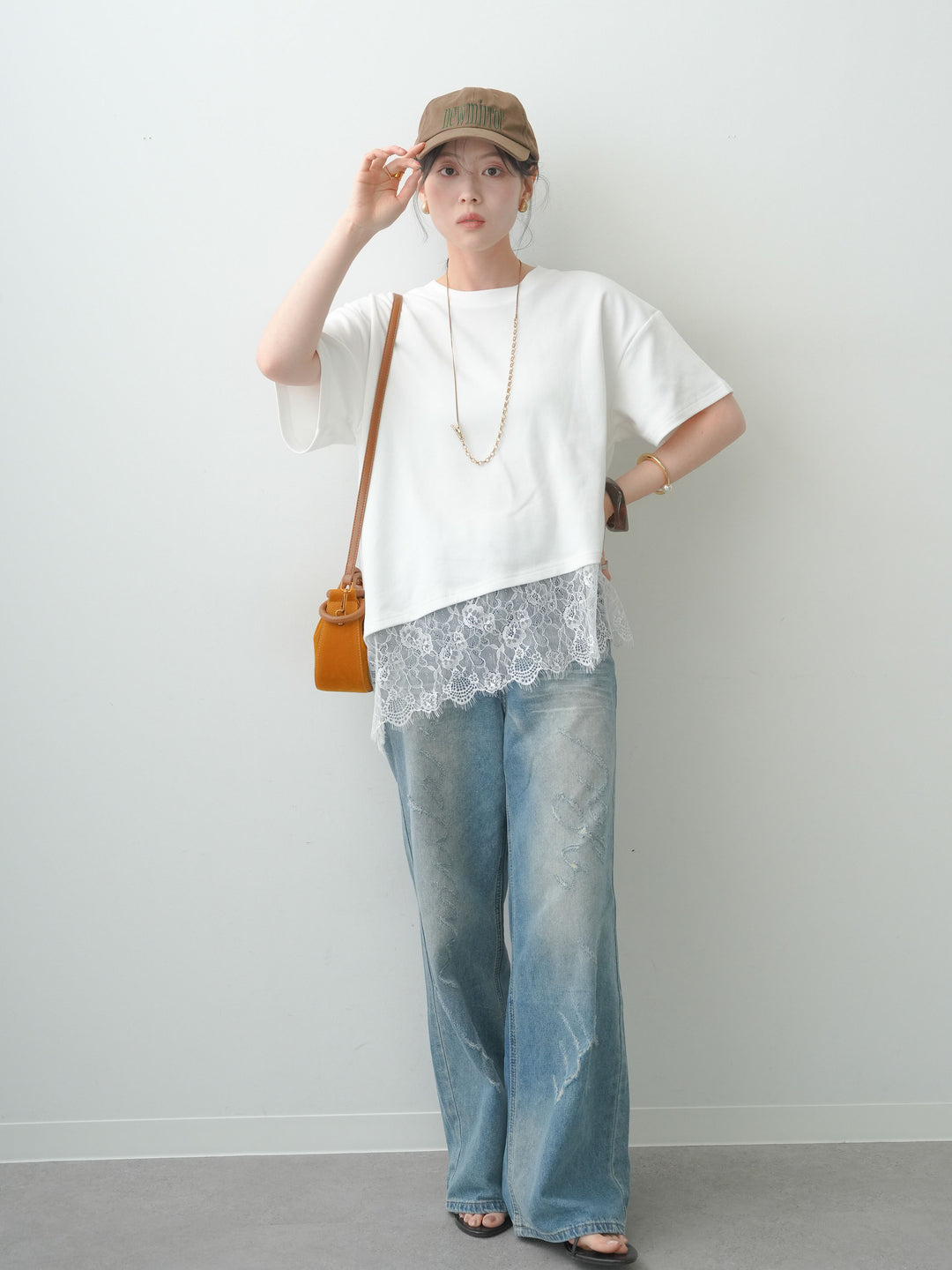 [SET]アシメレースヘムワイドTEE+グラフィックスクラッチワイドデニム(2set)