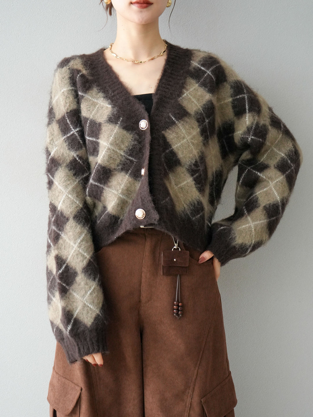 [予約]アーガイルシャギーニットカーディガン/brown