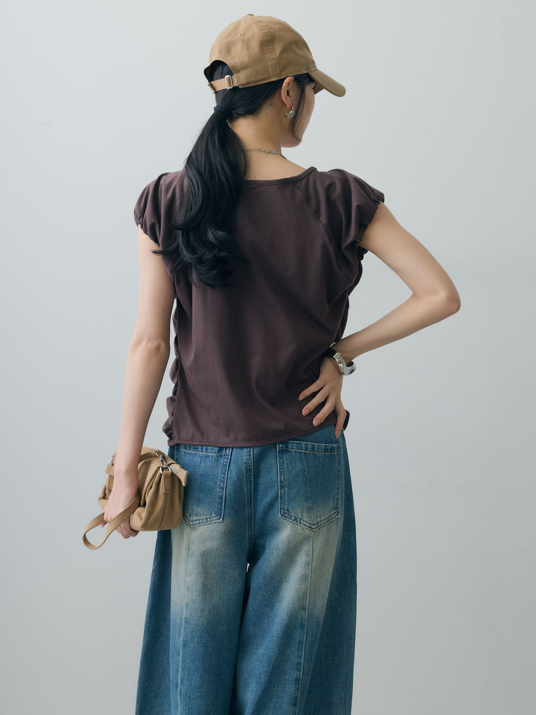 [SET]フレンチスリーブフロントリボンギャザートップス+フロントビジューカーブデニムパンツ(2set)