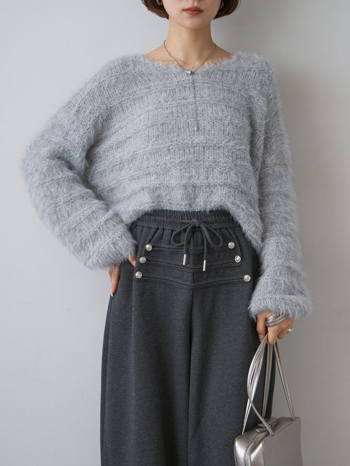 [予約]ボーダー編みラメニットトップス/gray