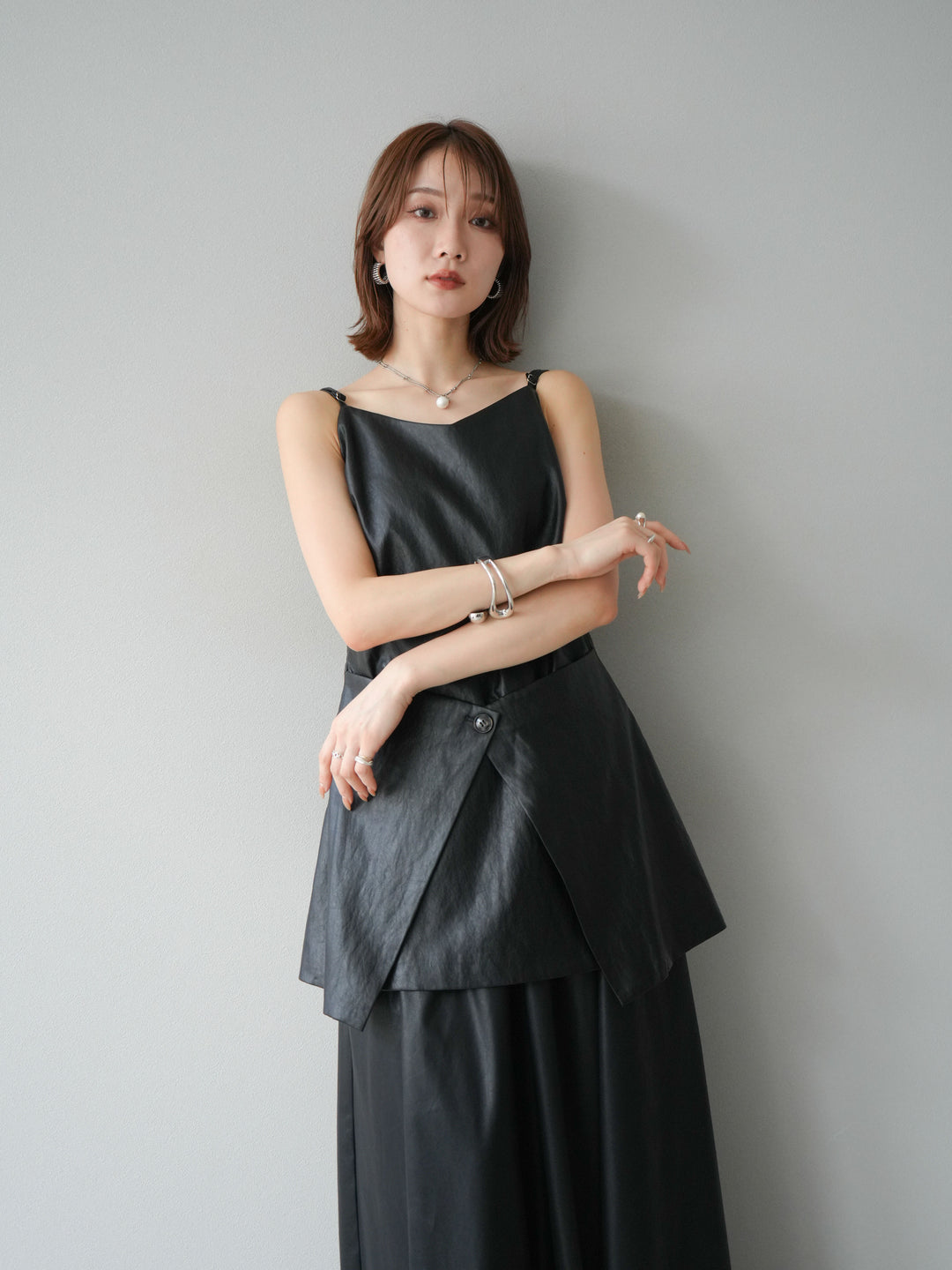 [予約]レイヤードレザーキャミソールチュニック/ブラック