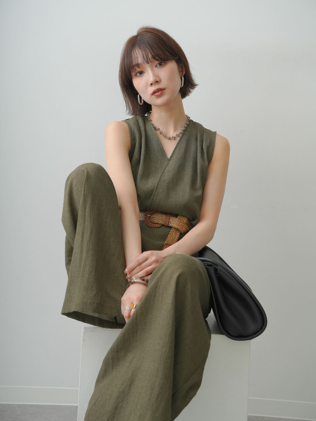 【套裝】繫帶亞麻質感背心和束腰闊腿褲套裝（2 件套）