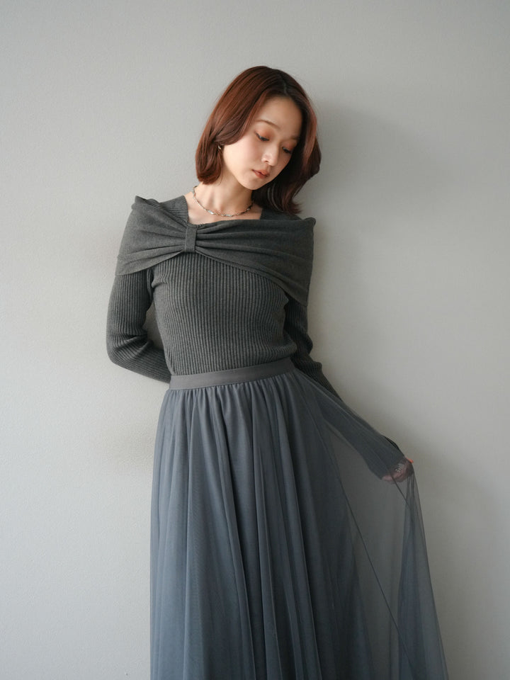 [予約]リボンモチーフオフショルリブニットトップス/gray