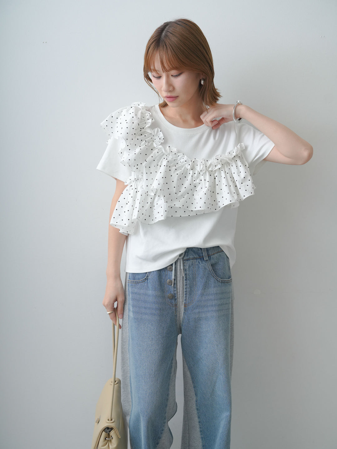[SET]ドットギャザーフリルデザインTEE+デニム切替スウェットパンツ(2set)