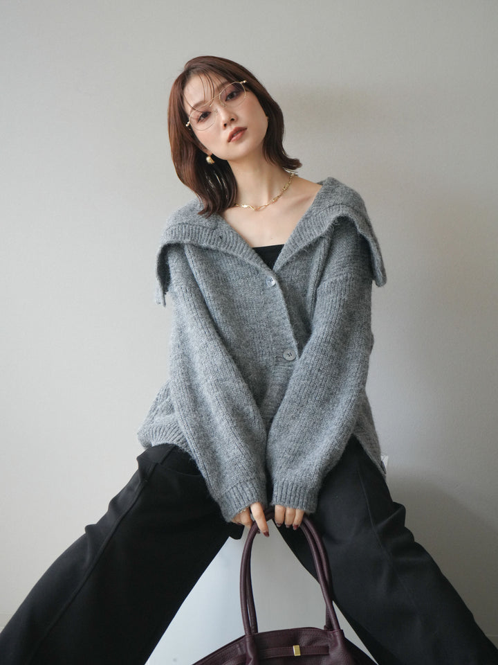 [予約]襟付きボタンオーバーニットカーディガン/gray