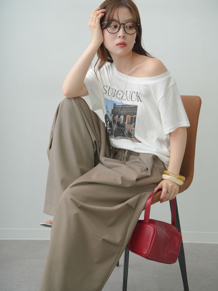 [SET]ワイドネックプリントTEE+ベルトループカーブタックワイドパンツ(2set)