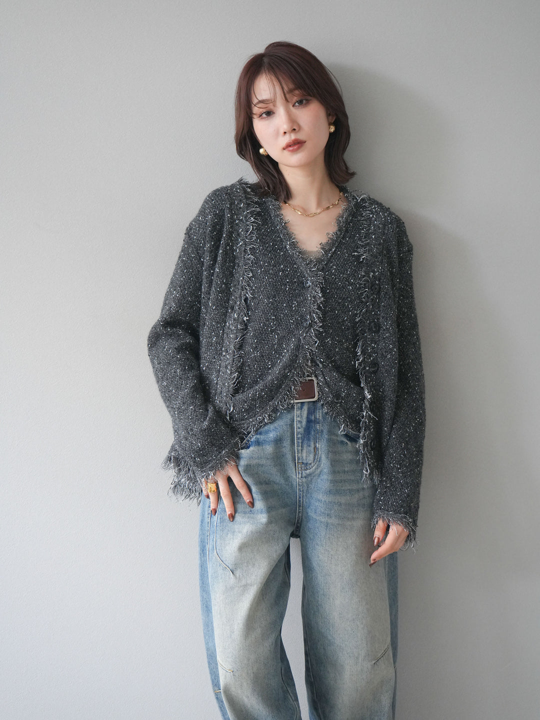[予約]ネップフリンジニットカーディガン/ gray