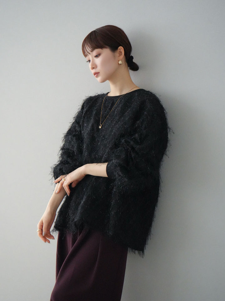 【預購】流蘇薄紗多層抓絨套頭衫/黑