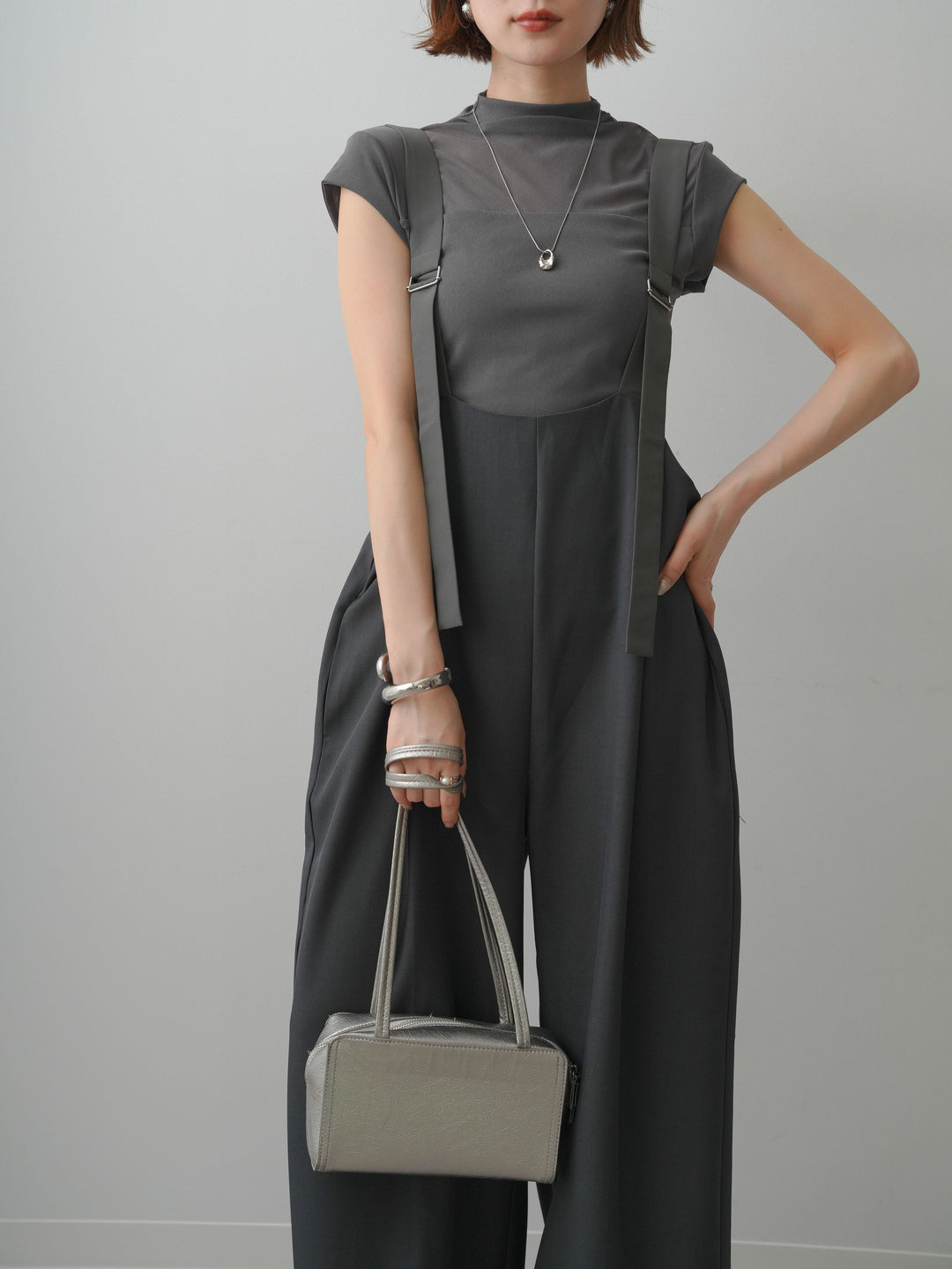 [予約]前後2wayドレープワイドオールインワン/charcoal