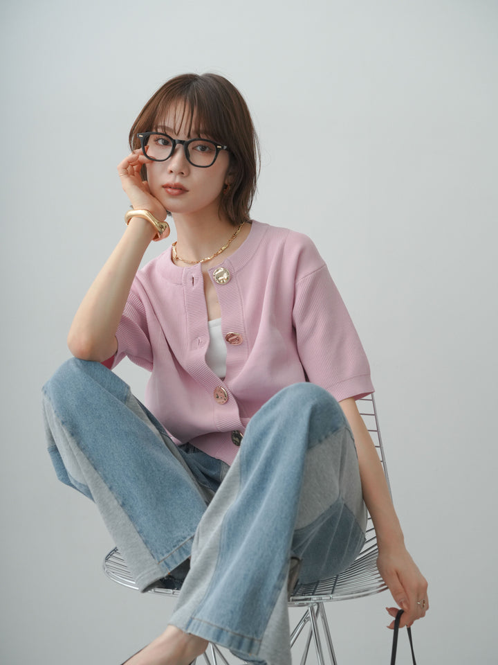 [SET]ゴールドボタンハーフニットカーディガン+デニム切替スウェットパンツ(2set)