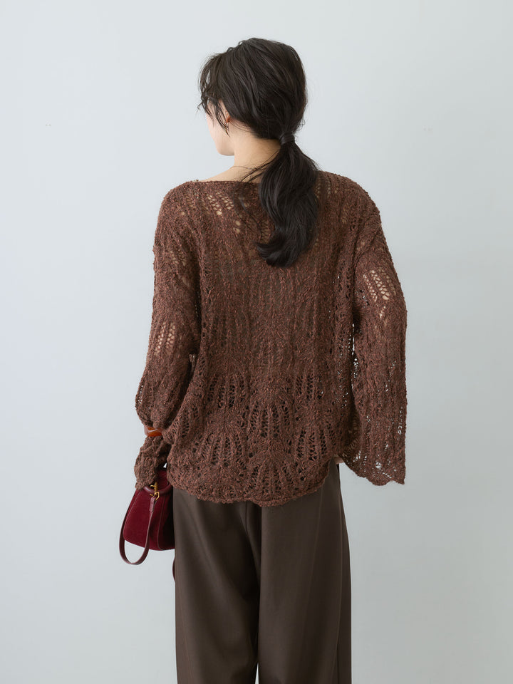 [予約]ミックスループ透かし編みニットトップス/brown