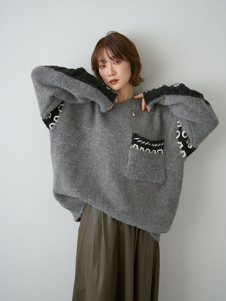 [SET]ハンドステッチデザインニットトップス+選べるアクセセット(2set)