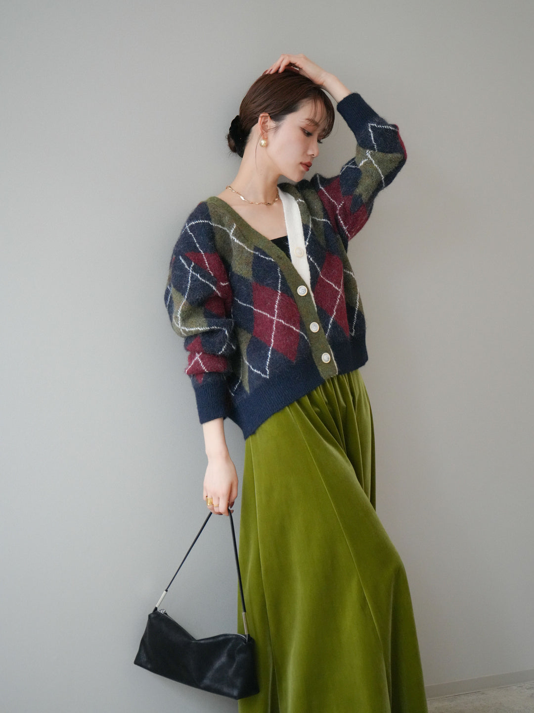 [予約]配色アーガイル柄ニットカーディガン/green