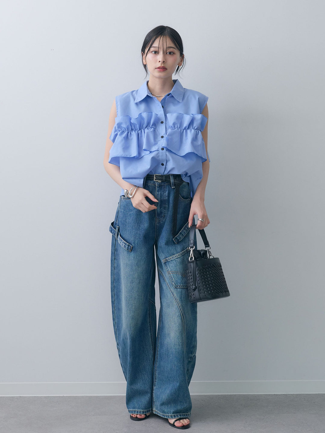 [SET]フリルノースリーブシャツ+ペインターカーブデニムパンツ(2set)