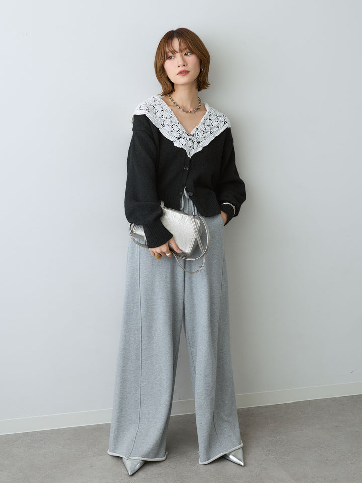 [SET]モヘアレースショールカラーカーディガン+カットオフスウェットワイドパンツ(2set)