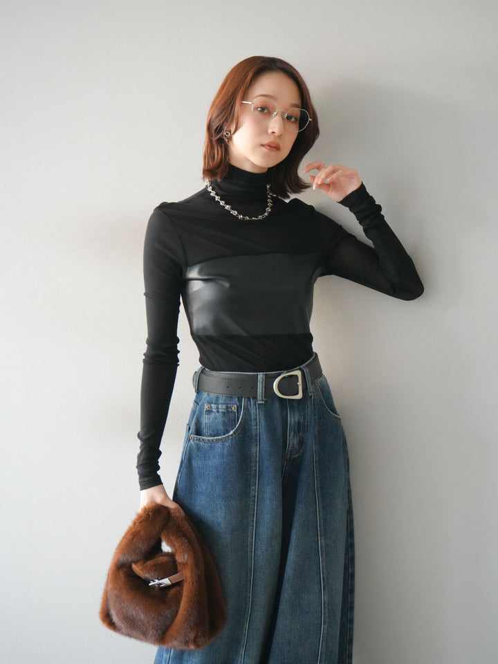 [予約]レザー切替プチネックシアートップス/black