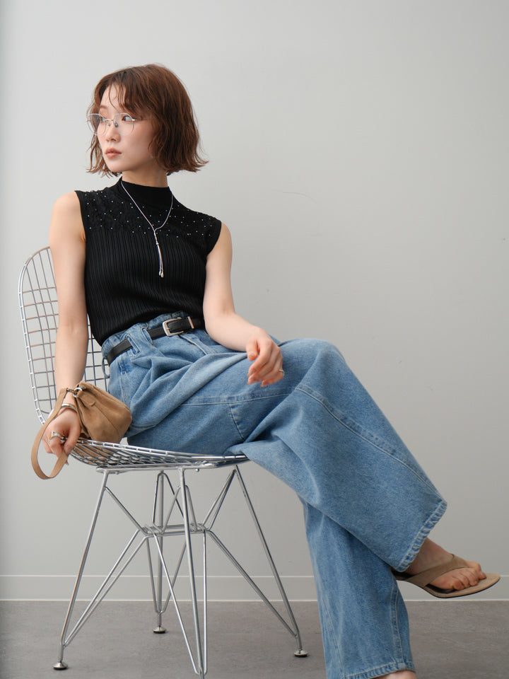 [SET]ビジューノースリニットトップス+選べるアクセセット(2set)