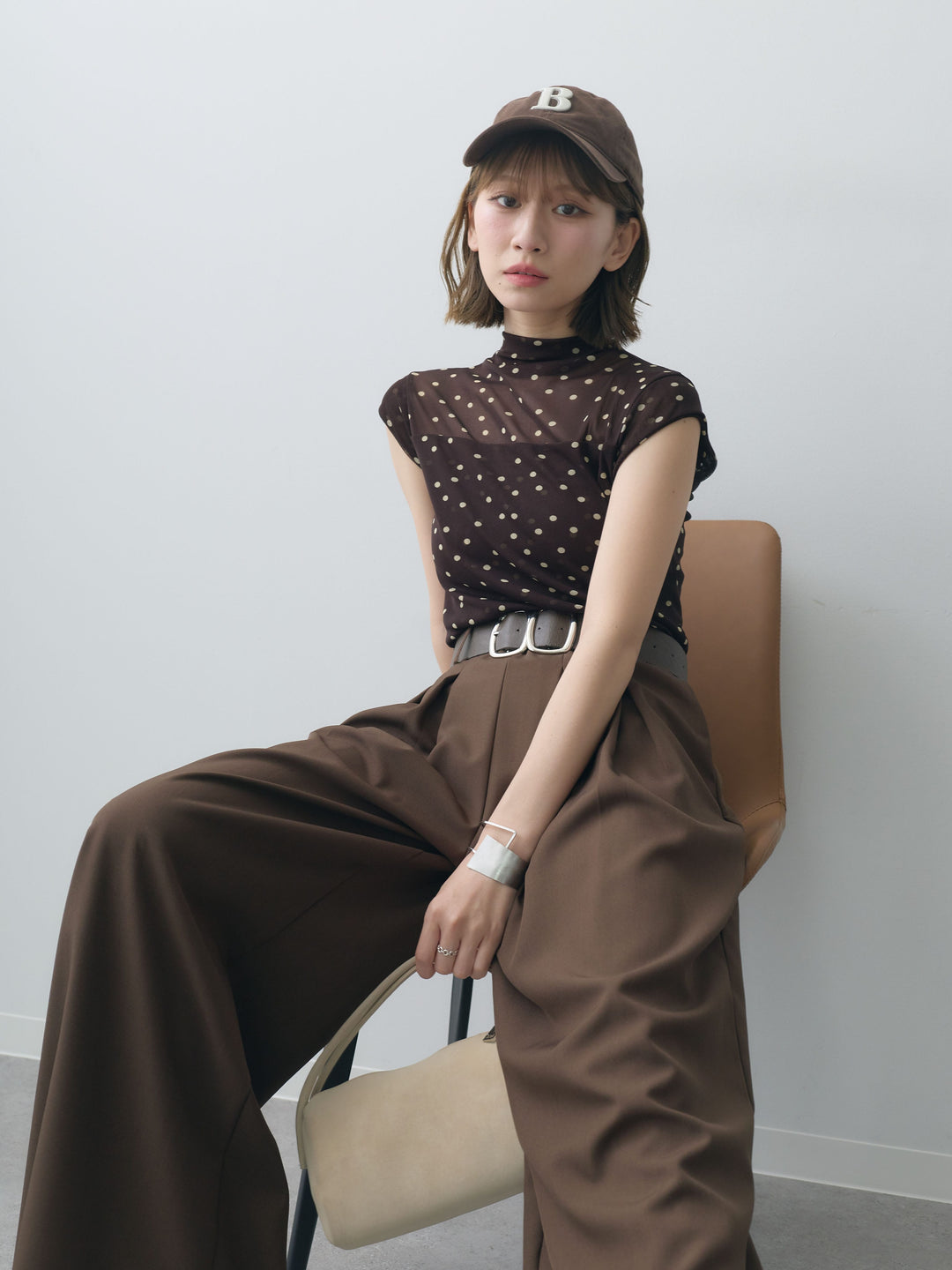 [SET]プチネックドットシアートップス+ダブルバックルベルト付ワイドパンツ(2set)