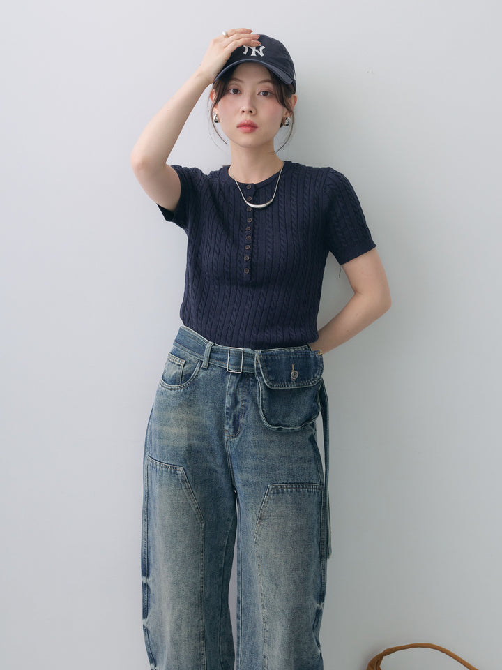 [SET]ヘンリーケーブルハーフニットトップス+マルチポーチ付立体カーブデニム(2set)
