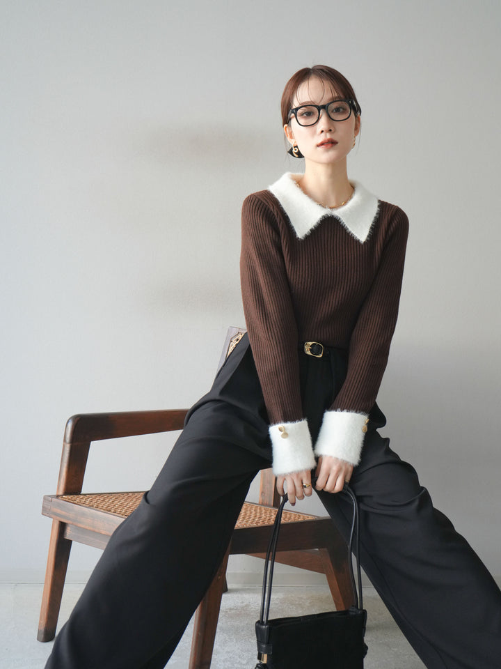 [SET]シャギー襟リブニットトップス+ベルトループデザインワイドパンツ(2set)