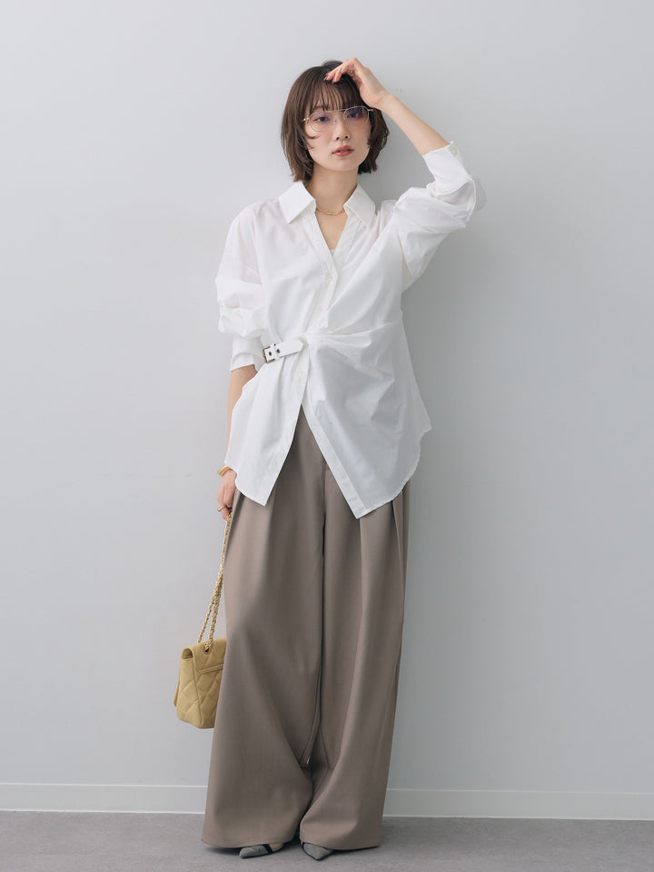 [SET]ベルテッドドレープシャツ+ツイルタックワイドパンツ(2set)