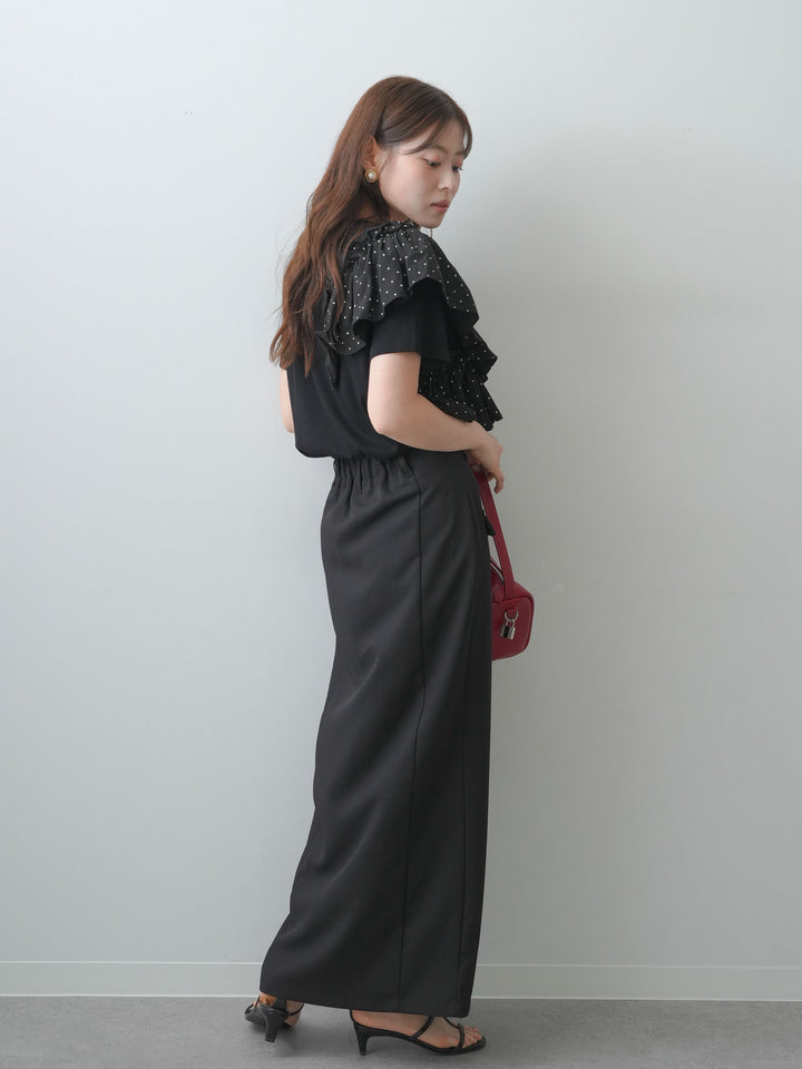 [SET]ドットギャザーフリルデザインTEE+クレープデシンフラップ付きストレートスカート(2set)