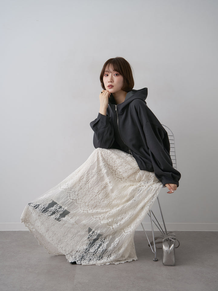 [SET]タックギャザースウェットフーディー+ベロアレースドレープフレアスカート(2set)