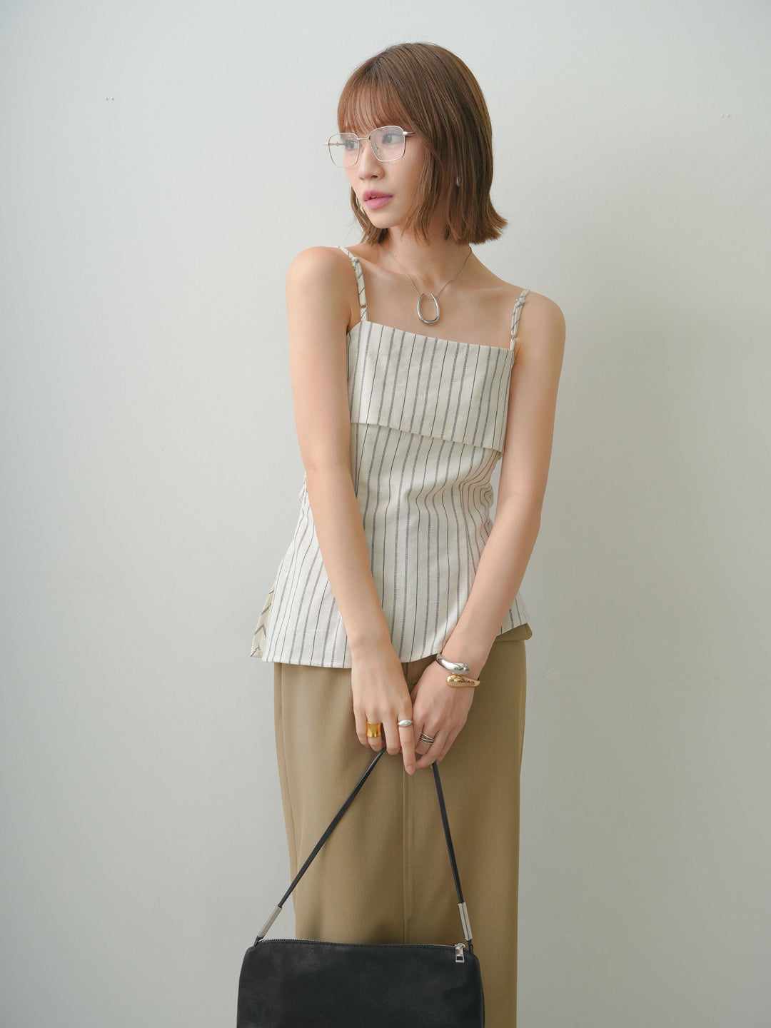 [SET]ストライプアシメキャミソール+クレープデシンフラップ付きストレートスカート(2set)