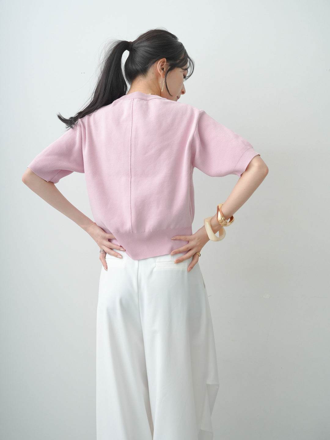 [SET]ゴールドボタンハーフニットカーディガン+ベルトループカーブタックワイドパンツ(2set)