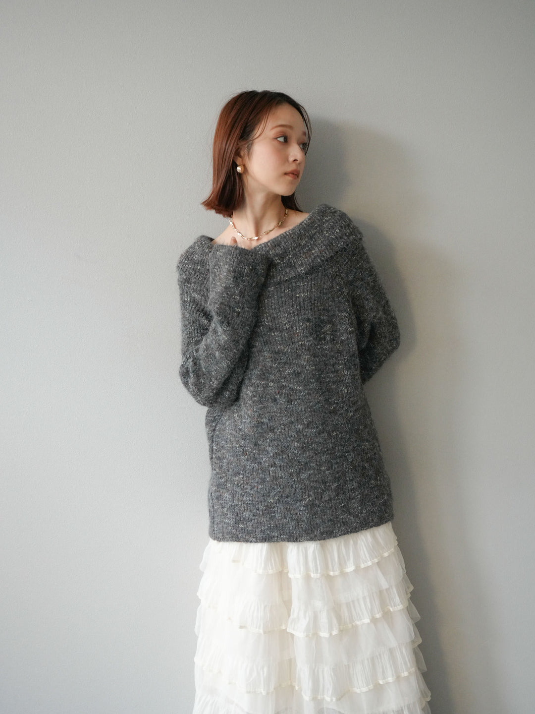 [予約]ミックスヤーンオフショルルーズニットプルオーバー/グレー